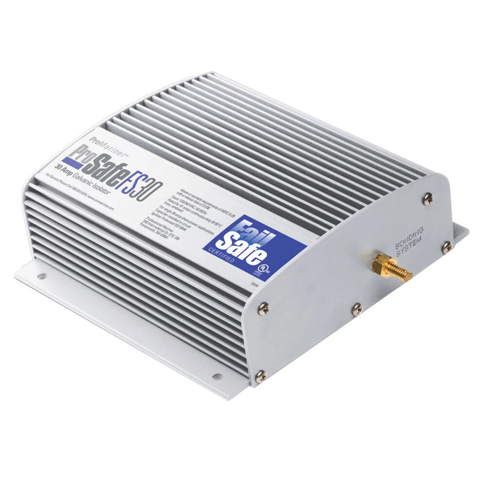 Mastervolt ProSafeSFS30 galvanic isolator rated at 30 amps for marine AC systems. Solid-state failsafe design blocks galvanic currents from shore power, protecting against corrosion while preserving full AC grounding continuity. Compact and reliable for small to mid-sized vessels.