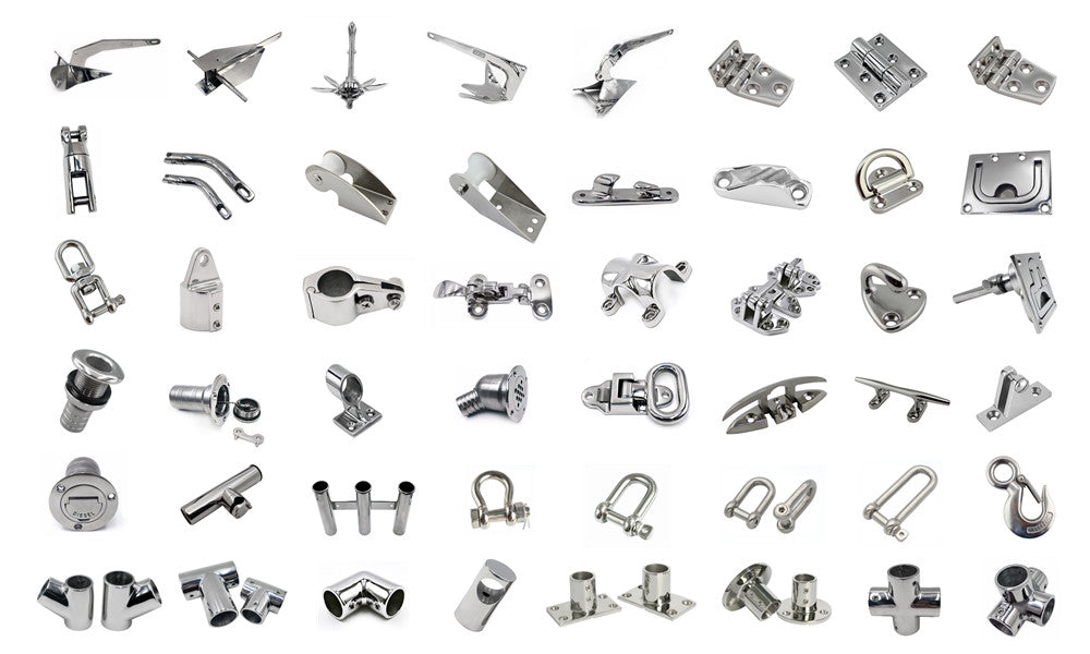 "Marine hardware – stainless steel hinges, latches, fasteners, and fittings for boat building and repairs"