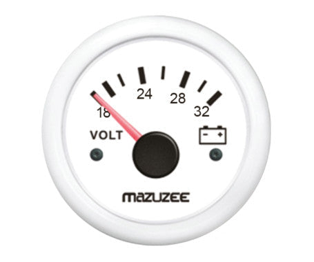 52mm universal analog volt meter gauge with 0–32V range. Compatible with 12V and 24V systems in boats, RVs, trucks, and solar applications. Features waterproof casing, precision needle dial, and easy panel mounting for reliable voltage monitoring.