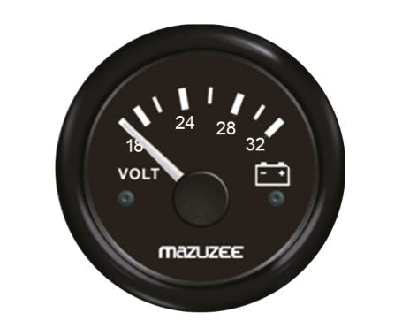 52mm universal analog volt meter gauge with 0–32V range. Compatible with 12V and 24V systems in boats, RVs, trucks, and solar applications. Features waterproof casing, precision needle dial, and easy panel mounting for reliable voltage monitoring.