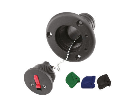 Marine deck fill 40006-01 made of lightweight nylon, fits 1-1/2" hose size. Includes 4 color-coded keys and 6 name plates: Diesel, Fuel, Gas, Petrol, Waste, and Water. Provides secure, identifiable tank access for boats, with corrosion-resistant construction.