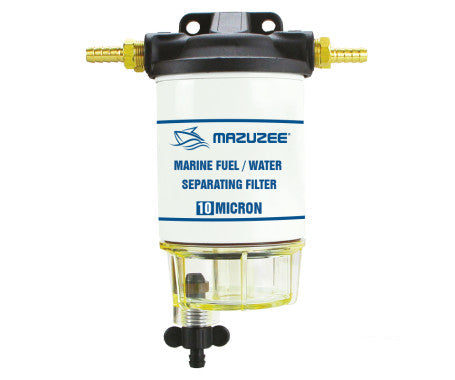 Marine-grade fuel/water separator with 10-micron filtration. Features a corrosion-resistant die-cast aluminum head and a clear collection bowl for easy inspection. Efficiently removes water and particles to protect outboard and inboard engines. OEM compatible with Mercury, Racor, and Sierra.