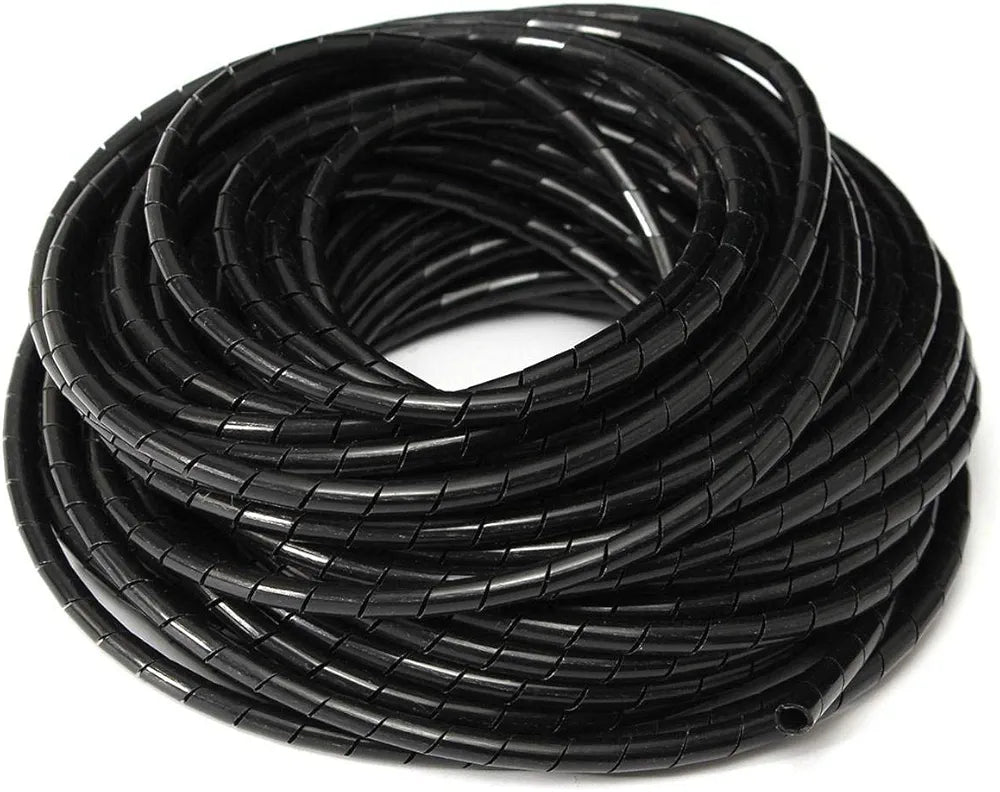 Black polyethylene spiral cable wrap tube, 10 meters long, designed to organize, bundle, and protect multi-cable systems. Flexible, abrasion-resistant, and easy to apply. Suitable for industrial, marine, and home wiring setups. Reliable quality provided by Rimal Marine.