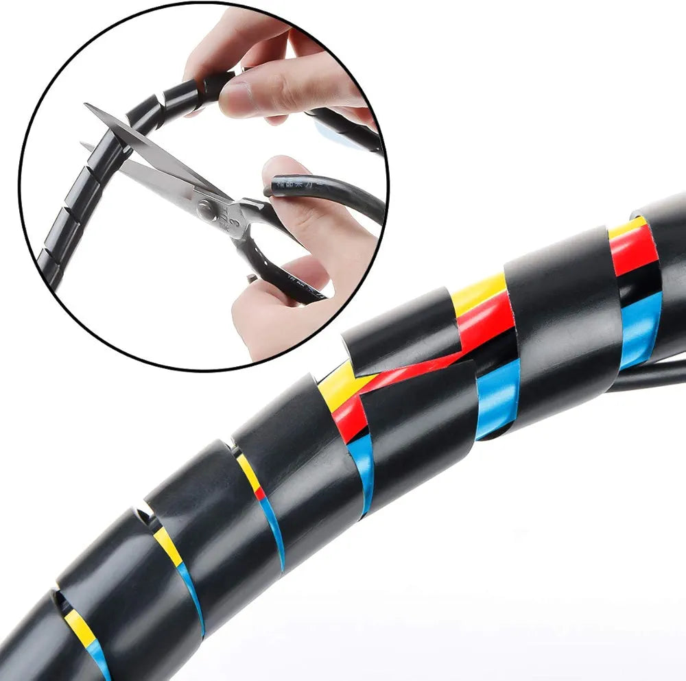 Black polyethylene spiral cable wrap tube, 10 meters long, designed to organize, bundle, and protect multi-cable systems. Flexible, abrasion-resistant, and easy to apply. Suitable for industrial, marine, and home wiring setups. Reliable quality provided by Rimal Marine.
