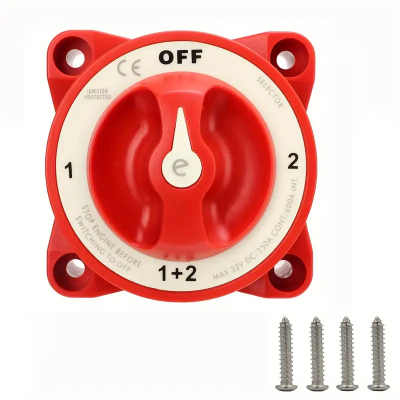 Marine-grade 4‑position battery selector switch (model 11001) featuring rotary knob for selecting Battery 1, Battery 2, both, or off. Rugged, reliable power management for boats, RVs, and off‑grid systems—designed for easy use and secure connection. blue sea

 