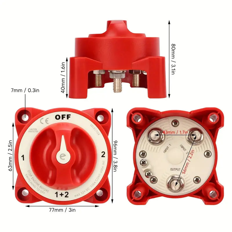 Marine-grade 4‑position battery selector switch (model 11001) featuring rotary knob for selecting Battery 1, Battery 2, both, or off. Rugged, reliable power management for boats, RVs, and off‑grid systems—designed for easy use and secure connection.

