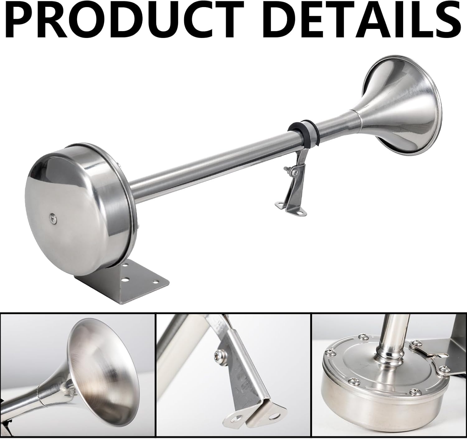 115dB waterproof stainless steel marine trumpet horn with single tone, compatible with 12V and 24V systems. Ideal for boats and yachts, offering loud sound output, corrosion resistance, and reliable performance in harsh marine environments.
