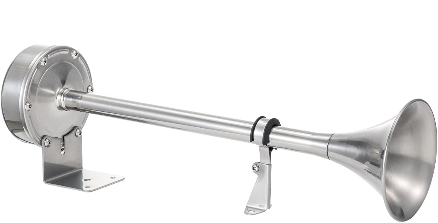 115dB waterproof stainless steel marine trumpet horn with single tone, compatible with 12V and 24V systems. Ideal for boats and yachts, offering loud sound output, corrosion resistance, and reliable performance in harsh marine environments.