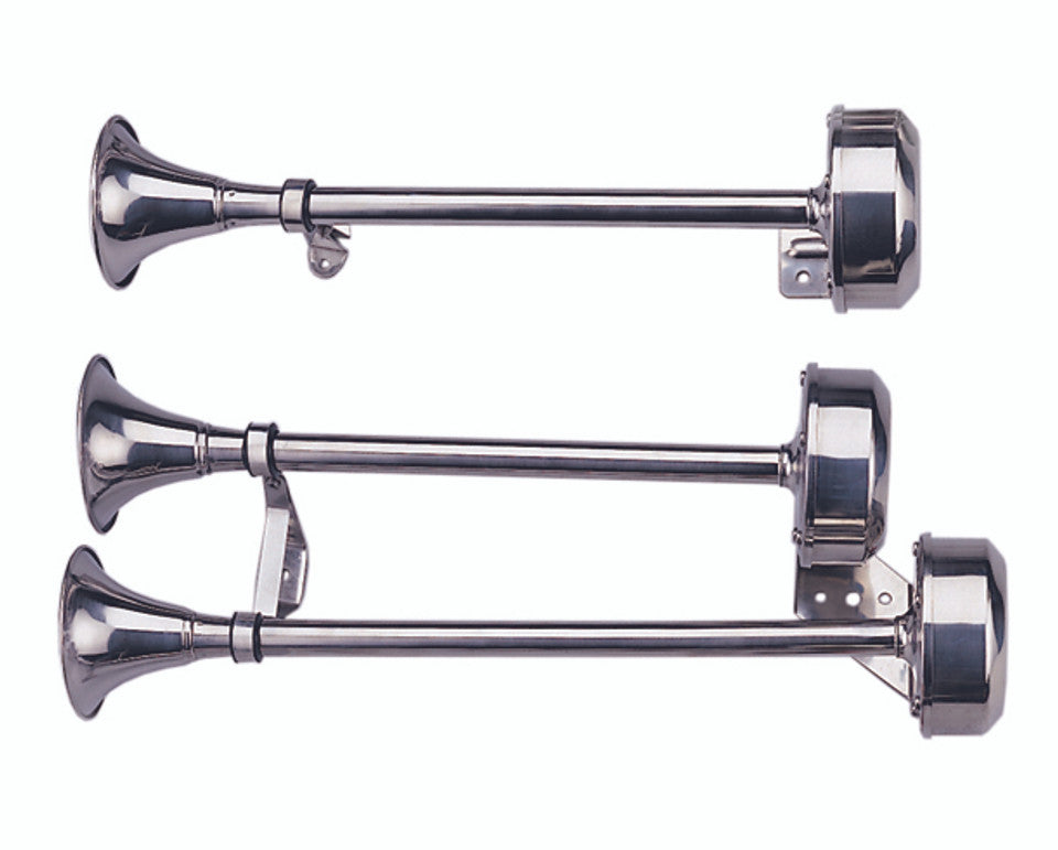 115dB waterproof stainless steel marine trumpet horn with single tone, compatible with 12V and 24V systems. Ideal for boats and yachts, offering loud sound output, corrosion resistance, and reliable performance in harsh marine environments.