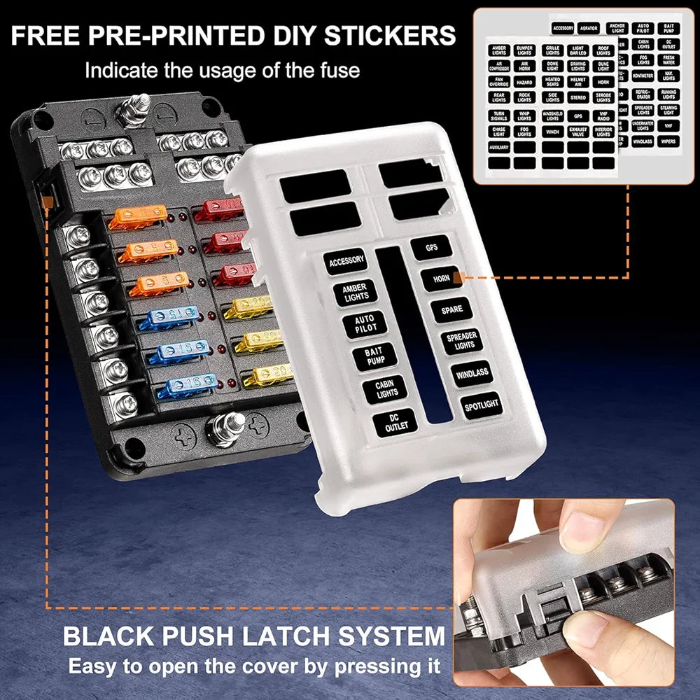 12-way blade fuse box for 12V systems with waterproof cover. Designed for marine, RV, and automotive use. Organizes and protects electrical circuits with ease. Durable, corrosion-resistant build for long-lasting performance. Distributed by Rimal Marine.