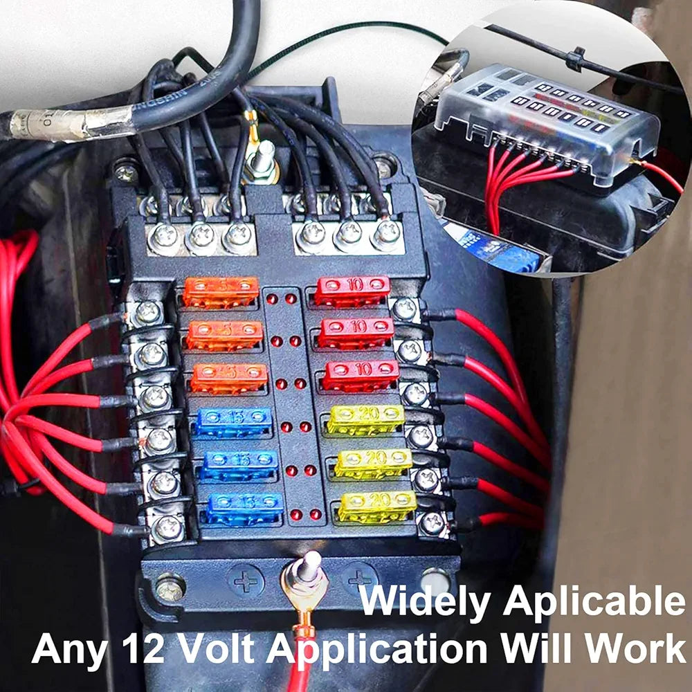 12-way blade fuse box for 12V systems with waterproof cover. Designed for marine, RV, and automotive use. Organizes and protects electrical circuits with ease. Durable, corrosion-resistant build for long-lasting performance. Distributed by Rimal Marine.
