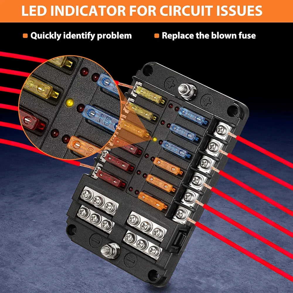 12-way blade fuse box for 12V systems with waterproof cover. Designed for marine, RV, and automotive use. Organizes and protects electrical circuits with ease. Durable, corrosion-resistant build for long-lasting performance. Distributed by Rimal Marine.