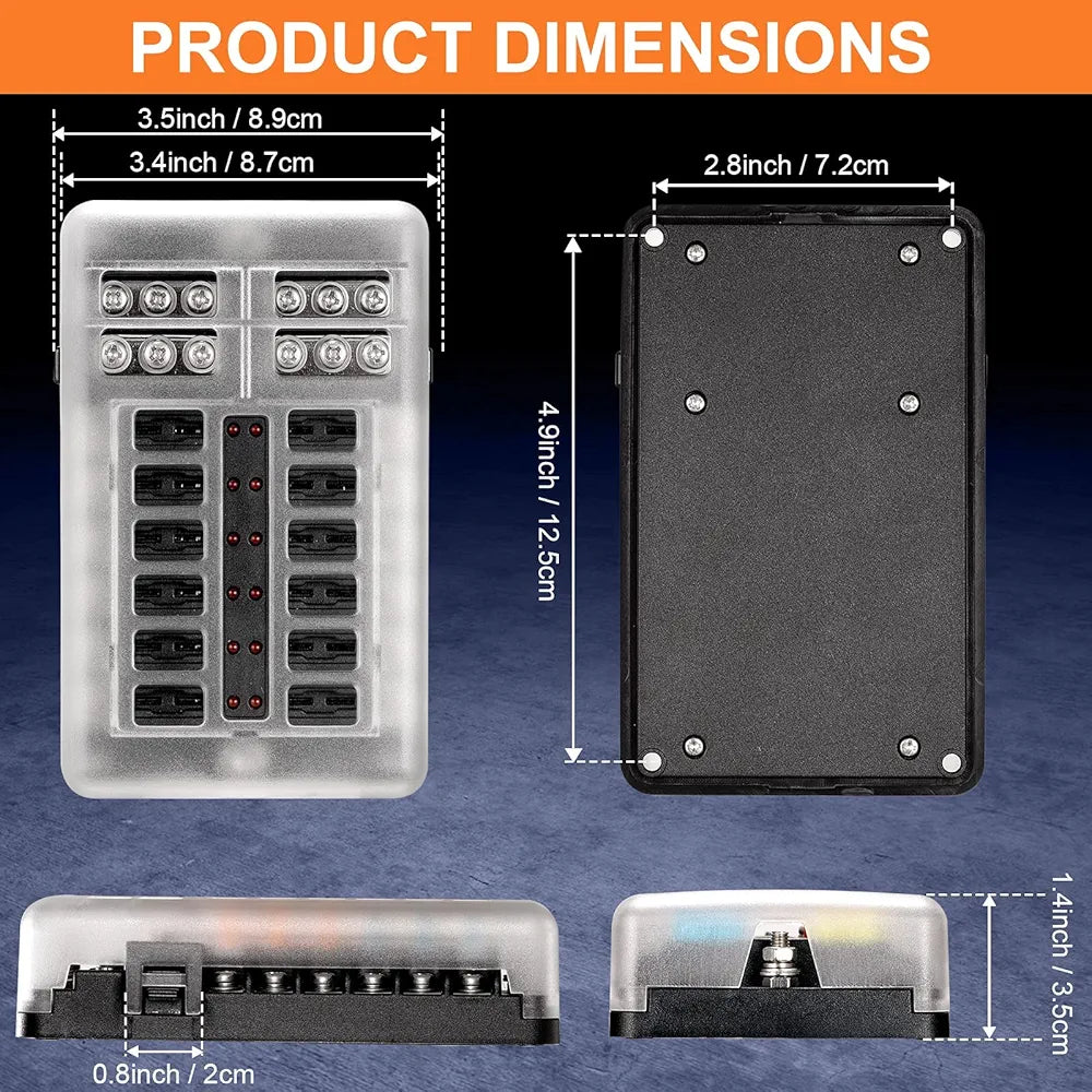 12-way blade fuse box for 12V systems with waterproof cover. Designed for marine, RV, and automotive use. Organizes and protects electrical circuits with ease. Durable, corrosion-resistant build for long-lasting performance. Distributed by Rimal Marine.