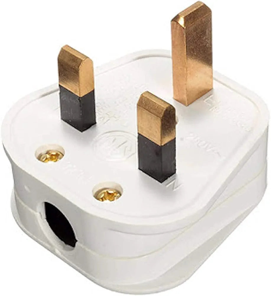 White 13 amp 3-pin UK plug with integrated fuse for safety. Standard BS 1363 compliant, suitable for household and office appliances. Features a durable, moulded casing with easy wiring and secure fit into UK power sockets.
