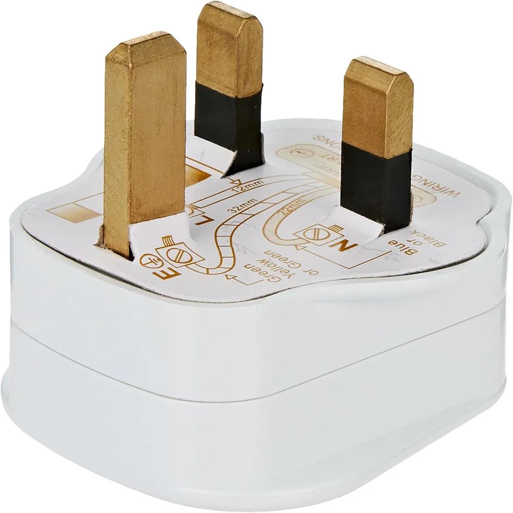White 13 amp 3-pin UK plug with integrated fuse for safety. Standard BS 1363 compliant, suitable for household and office appliances. Features a durable, moulded casing with easy wiring and secure fit into UK power sockets.