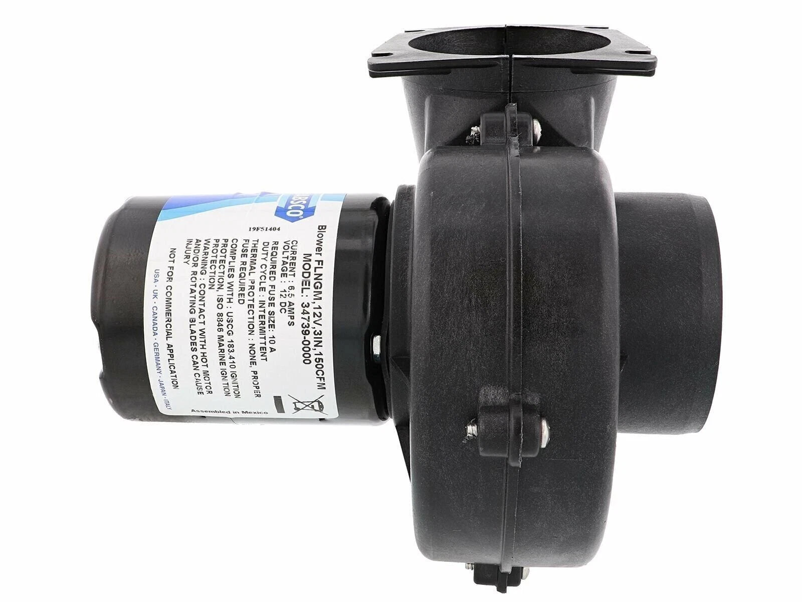 Compact marine ventilation blower with 150 CFM output. Designed for engine room or bilge ventilation on boats and yachts. Compatible with 75 mm ducting. Available in 12V and 24V models. Lightweight, ignition-protected, corrosion-resistant, and easy to install.

