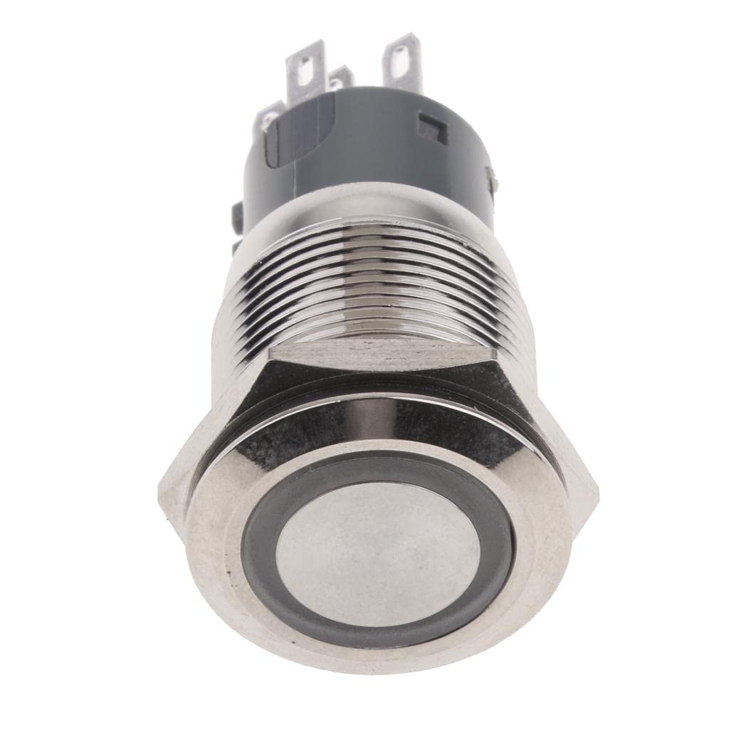 Stainless steel 16mm push button switch with illuminated LED ring. Available as latching or momentary. Features IP65 waterproof design, threaded mounting, and two-pin or five-pin connector for easy wiring in control panels, marine equipment, or industrial automation systems.

