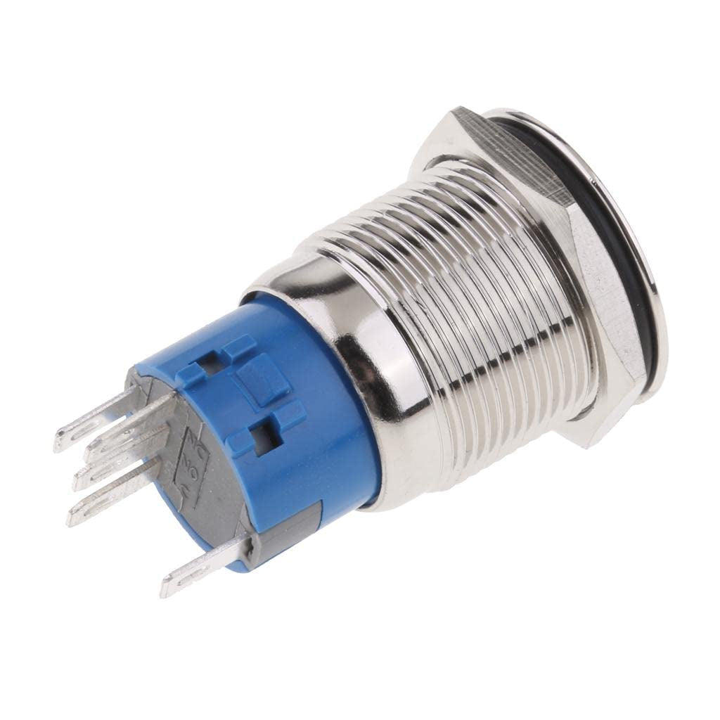 Stainless steel 16mm push button switch with illuminated LED ring. Available as latching or momentary. Features IP65 waterproof design, threaded mounting, and two-pin or five-pin connector for easy wiring in control panels, marine equipment, or industrial automation systems.

