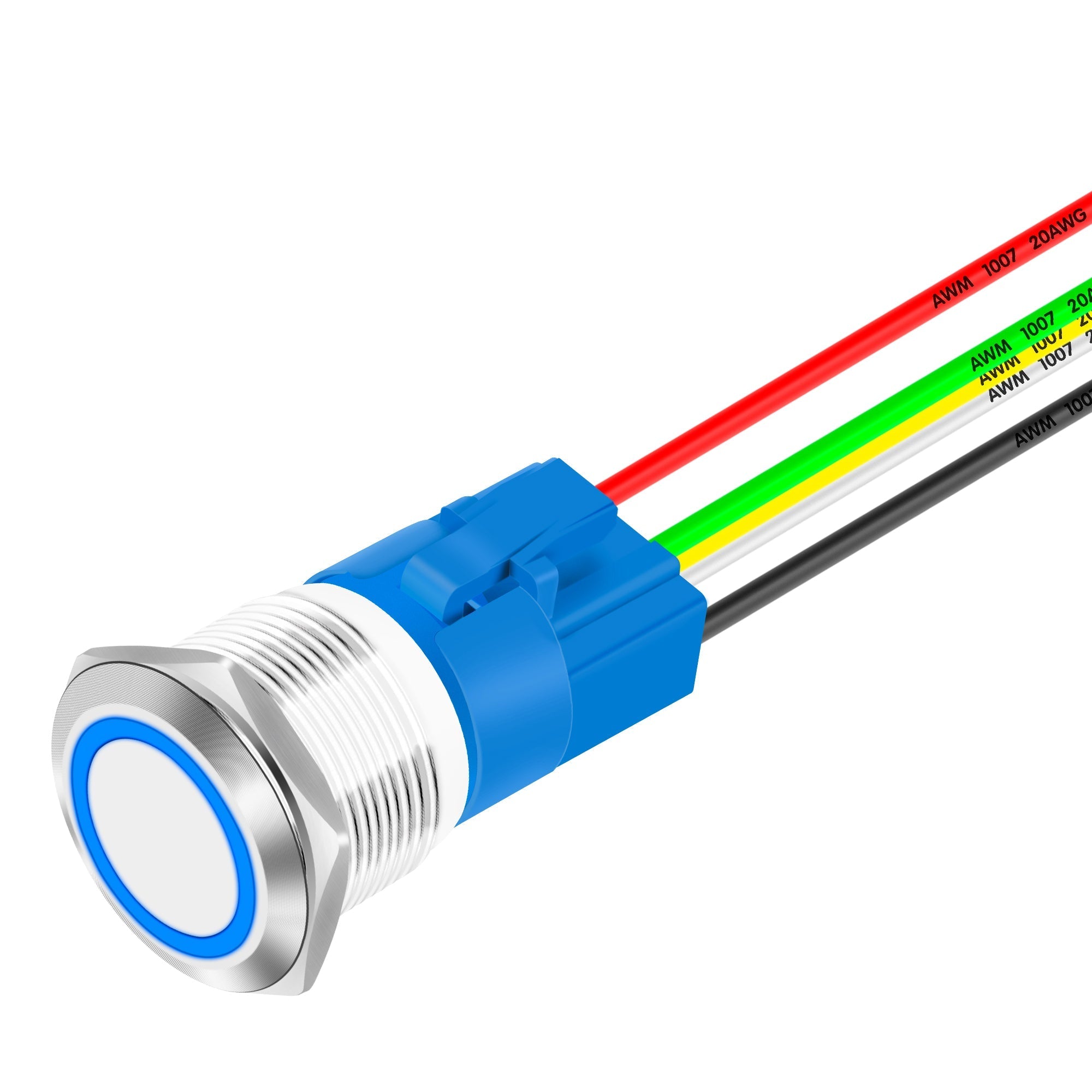 Stainless steel 16mm push button switch with illuminated LED ring. Available as latching or momentary. Features IP65 waterproof design, threaded mounting, and two-pin or five-pin connector for easy wiring in control panels, marine equipment, or industrial automation systems.

