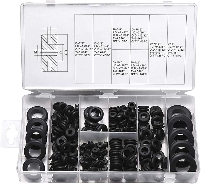 180-piece rubber grommet set with 8 assorted sizes, perfect for sealing and protecting electrical wires and plugs. Ideal for marine, automotive, and industrial use. Includes gasket rings made of flexible, durable rubber. Easy to install. Supplied by Rimal Marine for reliable performance.