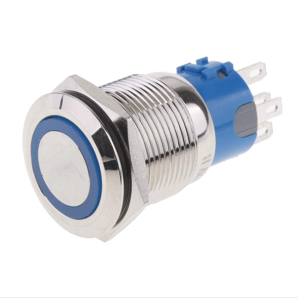 Stainless steel 19mm push button switch with illuminated LED ring. Available as latching or momentary. Features IP65 waterproof design, threaded mounting, and two-pin or five-pin connector for easy wiring in control panels, marine equipment, or industrial automation systems.

