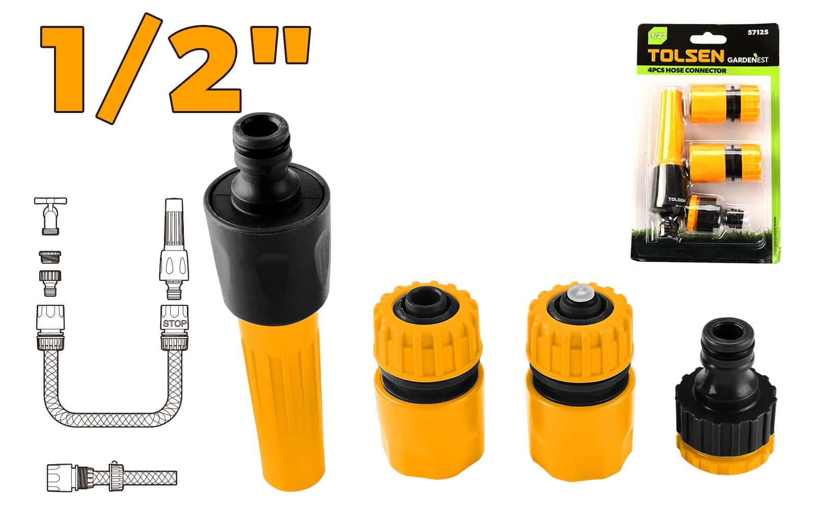 4-piece garden hose accessory kit with 1/2 inch fittings: standard connector, water-stop connector, tap adaptor, and adjustable nozzle. Ideal for quick and efficient garden hose setup. Supplied in skin card packaging for easy retail and storage.

