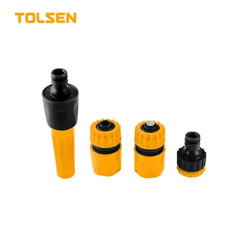 4-piece garden hose accessory kit with 1/2 inch fittings: standard connector, water-stop connector, tap adaptor, and adjustable nozzle. Ideal for quick and efficient garden hose setup. Supplied in skin card packaging for easy retail and storage.

