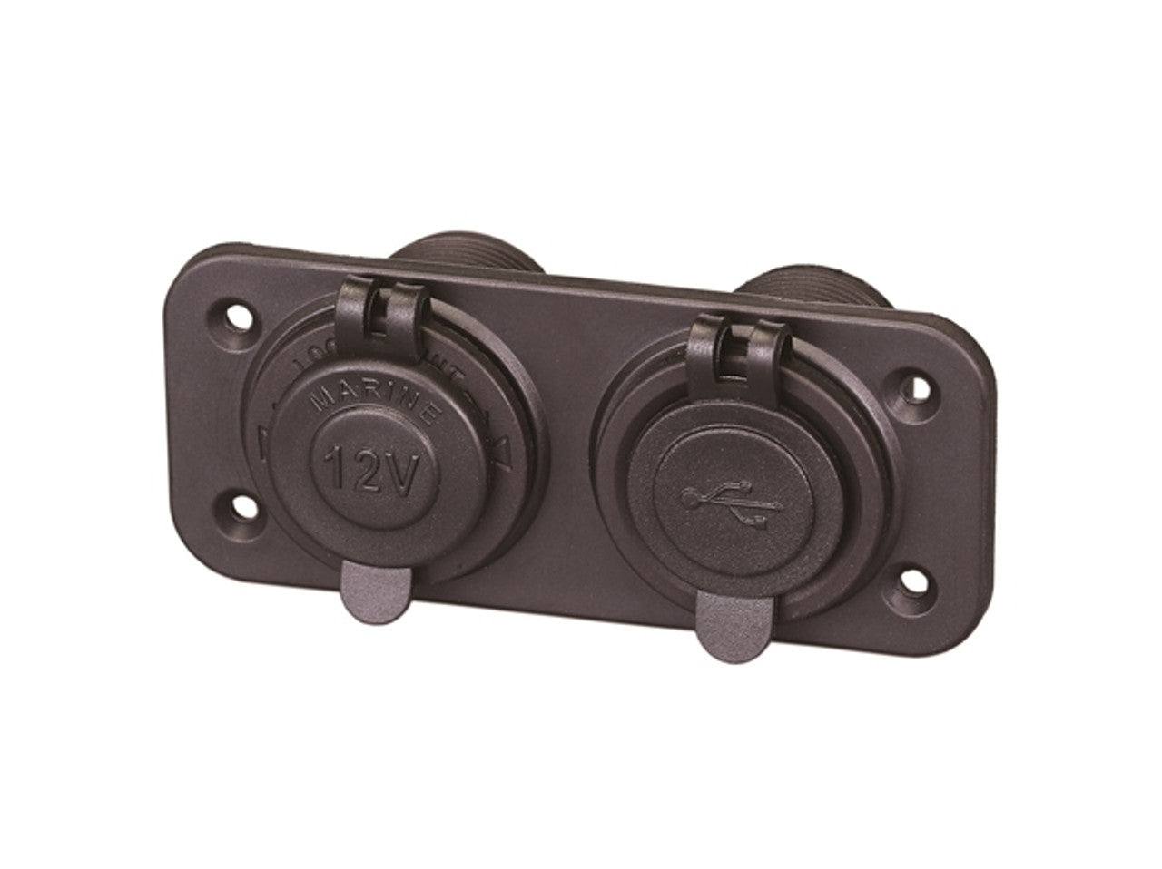 2-Port USB Socket with Power Socket 01434 – marine and automotive dual charger with waterproof protection. Provides two USB ports for fast charging and a 12V socket for additional power needs. Rugged build and easy installation. Available at Rimal Marine.