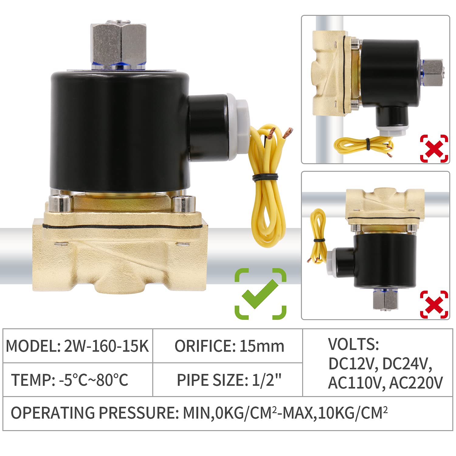 High-quality pneumatic solenoid valve 2W-160-15K made of durable brass, 1/2 inch in size, 2-way normally open function, compatible with DC12V and DC24V systems. Ideal for controlling air, water, or fluid flow in marine, HVAC, or industrial settings. Supplied by Rimal Marine. data sheet