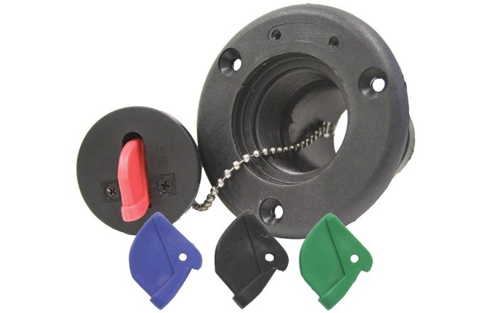 40006-02 marine deck fill made of durable nylon with 2" hose size. Includes 4 color-coded keys and 6 labeled name plates: Diesel, Fuel, Gas, Petrol, Waste, and Water. Ideal for boat tank access and identification. Lightweight, corrosion-resistant, and easy to install.

