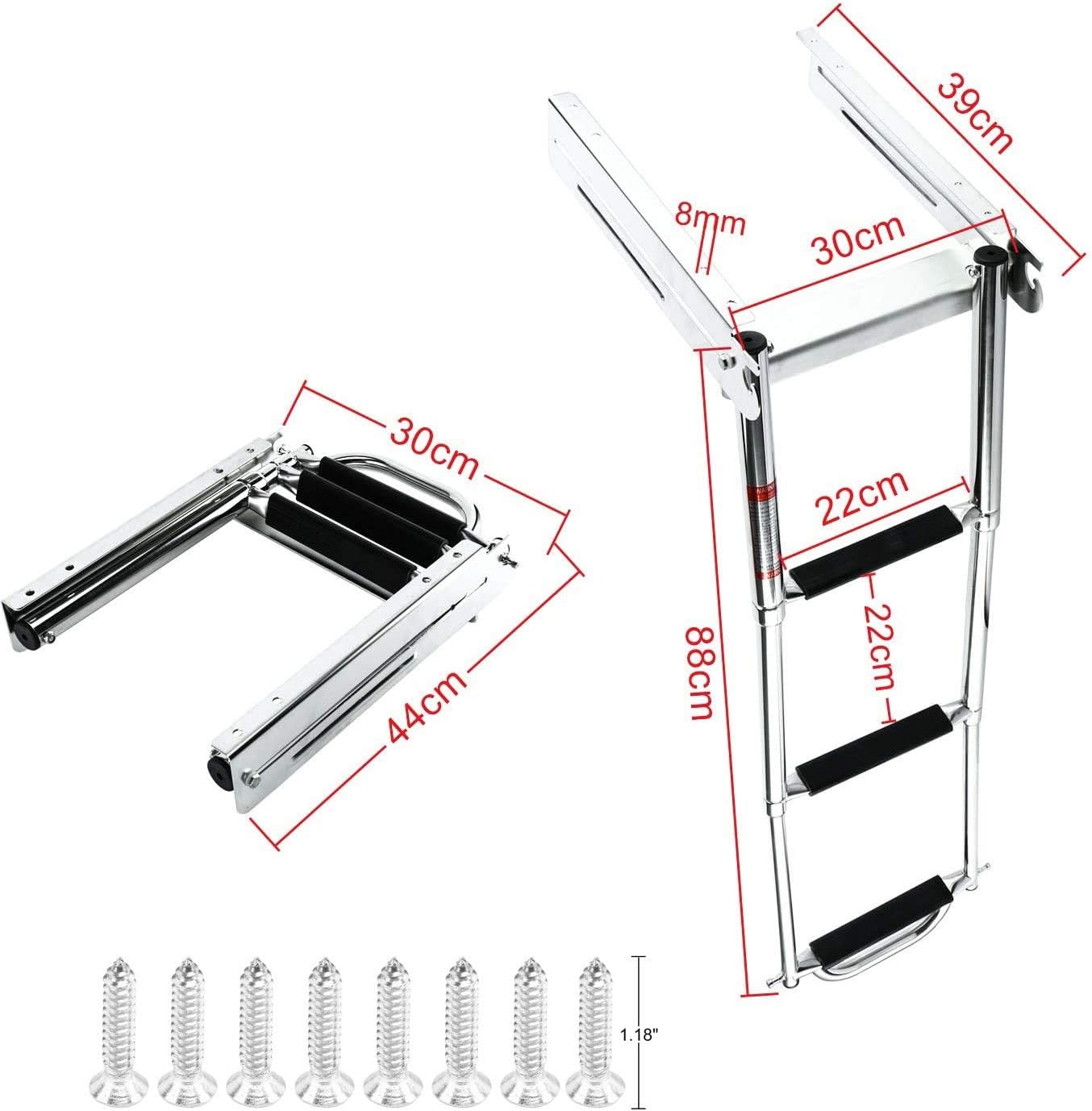 Stainless steel 3-step telescopic bracket ladder with stopper – mirror polished for marine use, foldable with anti-slip treads and secure mounting, ideal for boat swim platforms.

