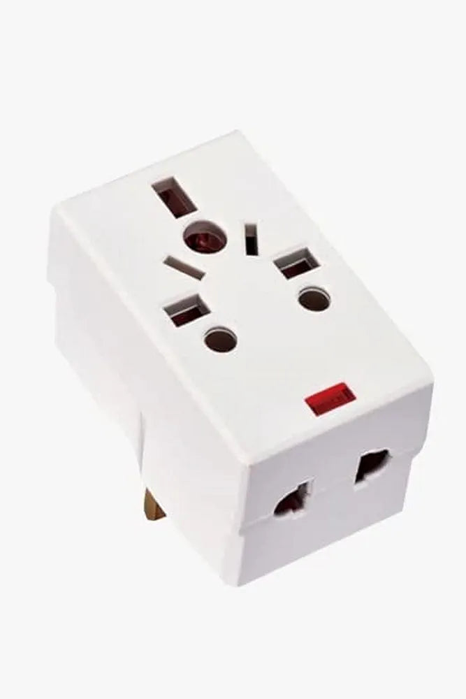 3-Way square-pin plug adapter with universal socket support, indicator light, and built-in 13A fuse. Suitable for UK 3-pin plugs, allowing connection of multiple devices simultaneously. Ideal for travel or household use, with safe and durable ABS housing and compact design