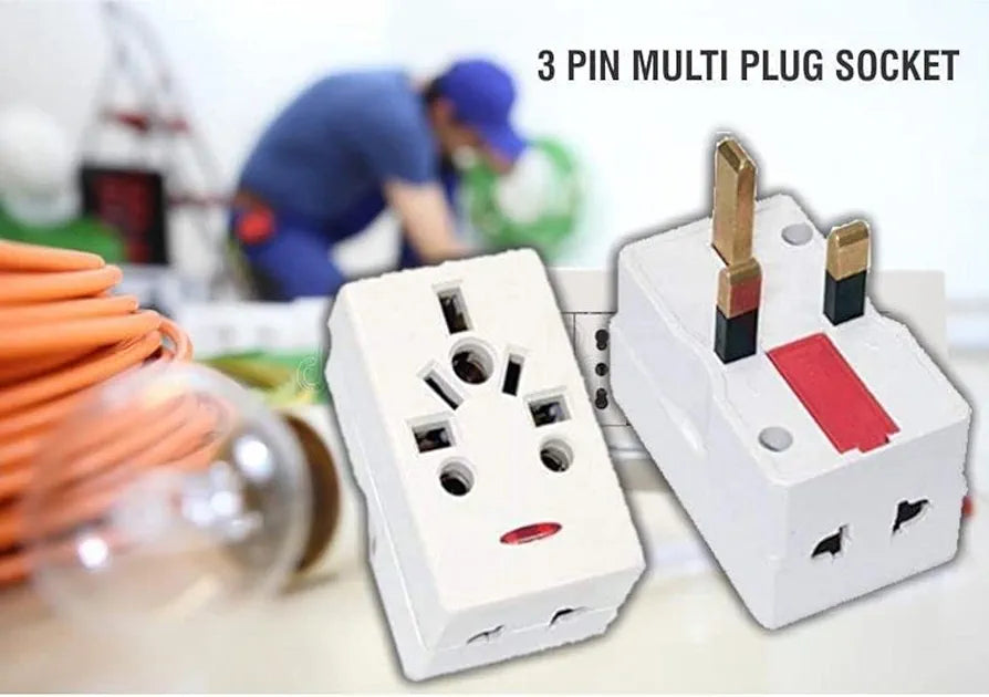 3-Way square-pin plug adapter with universal socket support, indicator light, and built-in 13A fuse. Suitable for UK 3-pin plugs, allowing connection of multiple devices simultaneously. Ideal for travel or household use, with safe and durable ABS housing and compact design