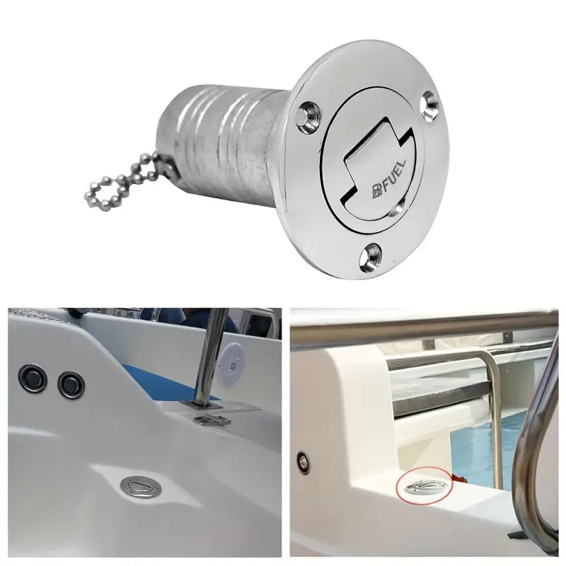 Marine-grade 316 stainless steel deck fill fittings with O-ring sealed caps marked for Fuel, Water, or Diesel. Available in 1-1/2" and 2" hose barb sizes. Corrosion-resistant, flush-mount design ideal for sailboats, yachts, and marine tank fill systems.