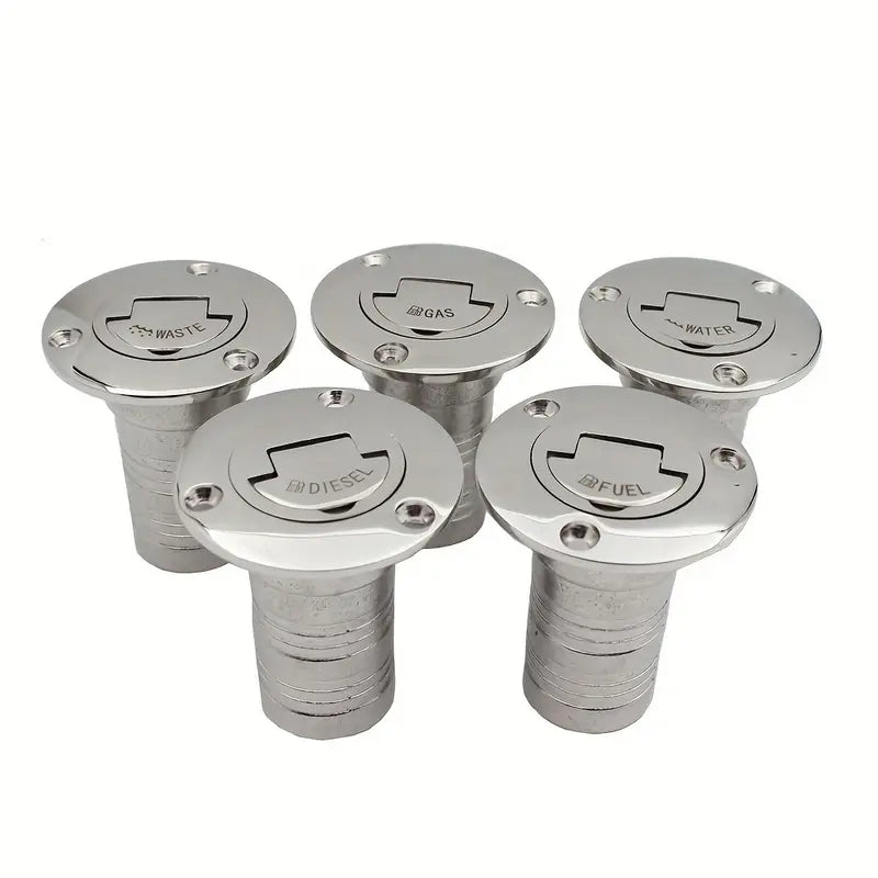 Marine-grade 316 stainless steel deck fill fittings with O-ring sealed caps marked for Fuel, Water, or Diesel. Available in 1-1/2" and 2" hose barb sizes. Corrosion-resistant, flush-mount design ideal for sailboats, yachts, and marine tank fill systems.