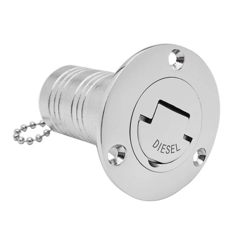 Marine-grade 316 stainless steel deck fill fittings with O-ring sealed caps marked for Fuel, Water, or Diesel. Available in 1-1/2" and 2" hose barb sizes. Corrosion-resistant, flush-mount design ideal for sailboats, yachts, and marine tank fill systems.