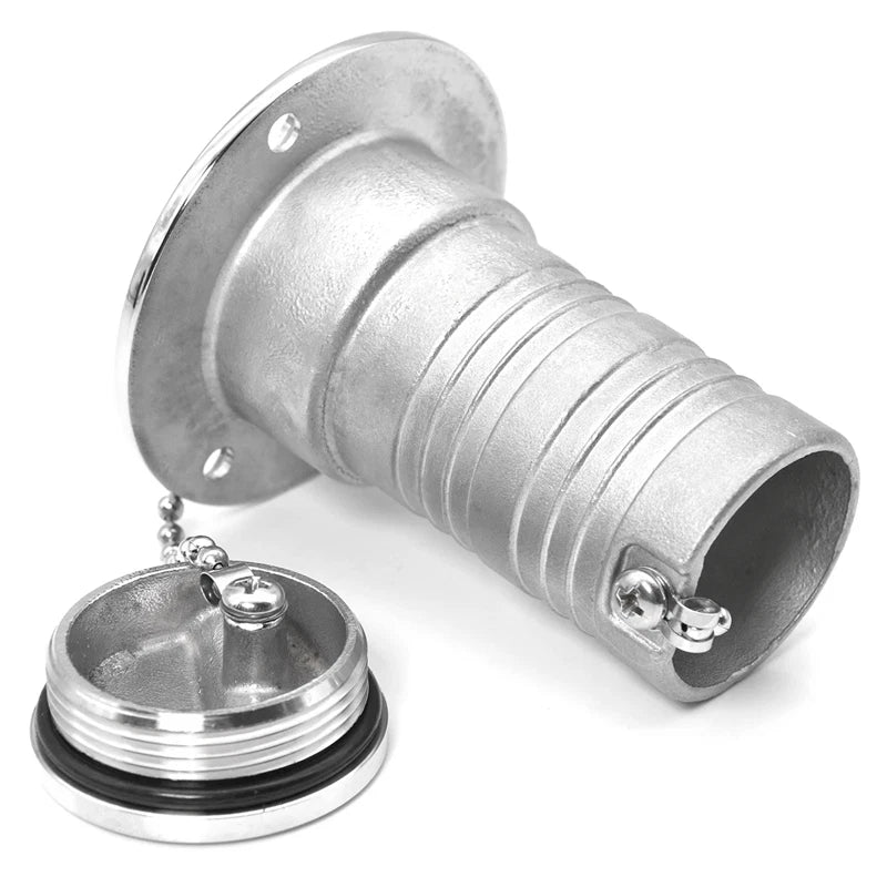 Marine-grade 316 stainless steel deck fill fittings with O-ring sealed caps marked for Fuel, Water, or Diesel. Available in 1-1/2" and 2" hose barb sizes. Corrosion-resistant, flush-mount design ideal for sailboats, yachts, and marine tank fill systems.