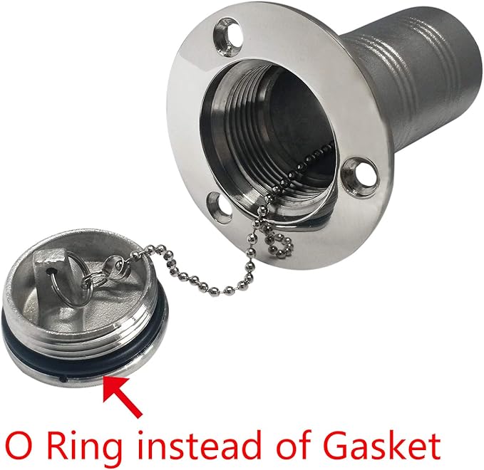 Marine-grade 316 stainless steel deck fill fittings with O-ring sealed caps marked for Fuel, Water, or Diesel. Available in 1-1/2" and 2" hose barb sizes. Corrosion-resistant, flush-mount design ideal for sailboats, yachts, and marine tank fill systems.