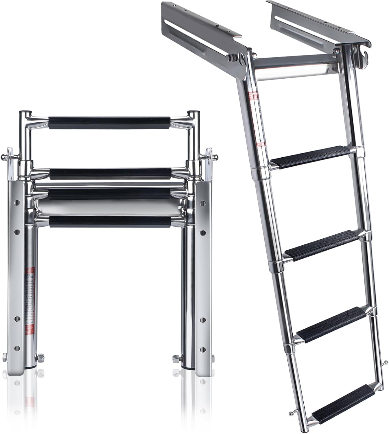 Stainless steel 4-step telescopic bracket ladder with stopper – foldable marine ladder with mirror polish, non-slip steps, and stopper for safe and stylish boarding access.