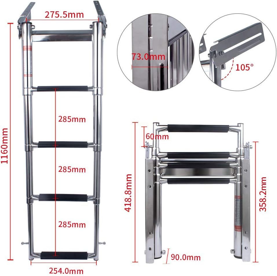 Stainless steel 4-step telescopic bracket ladder with stopper – foldable marine ladder with mirror polish, non-slip steps, and stopper for safe and stylish boarding access.

