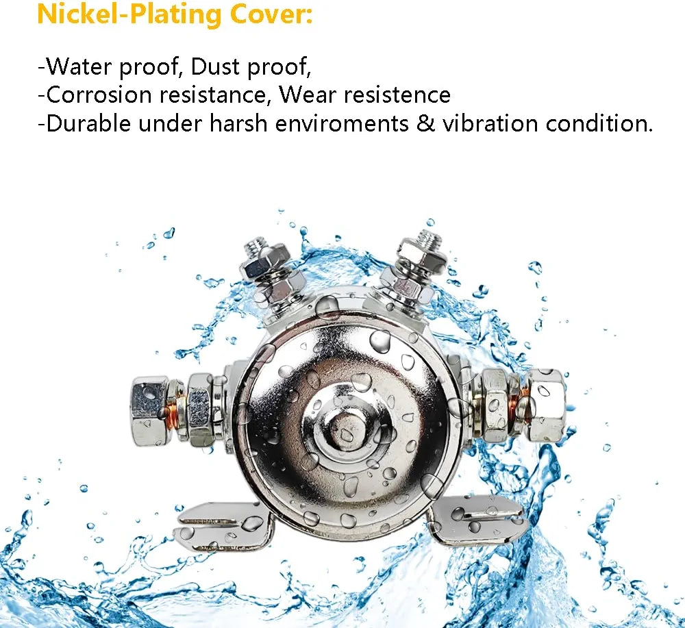 Heavy-duty 4-terminal continuous duty solenoid relay with corrosion-resistant nickel-plated housing. Built for high current loads and extended use in marine, automotive, and industrial systems. Ideal for battery isolation, ignition, and accessory switching applications.

