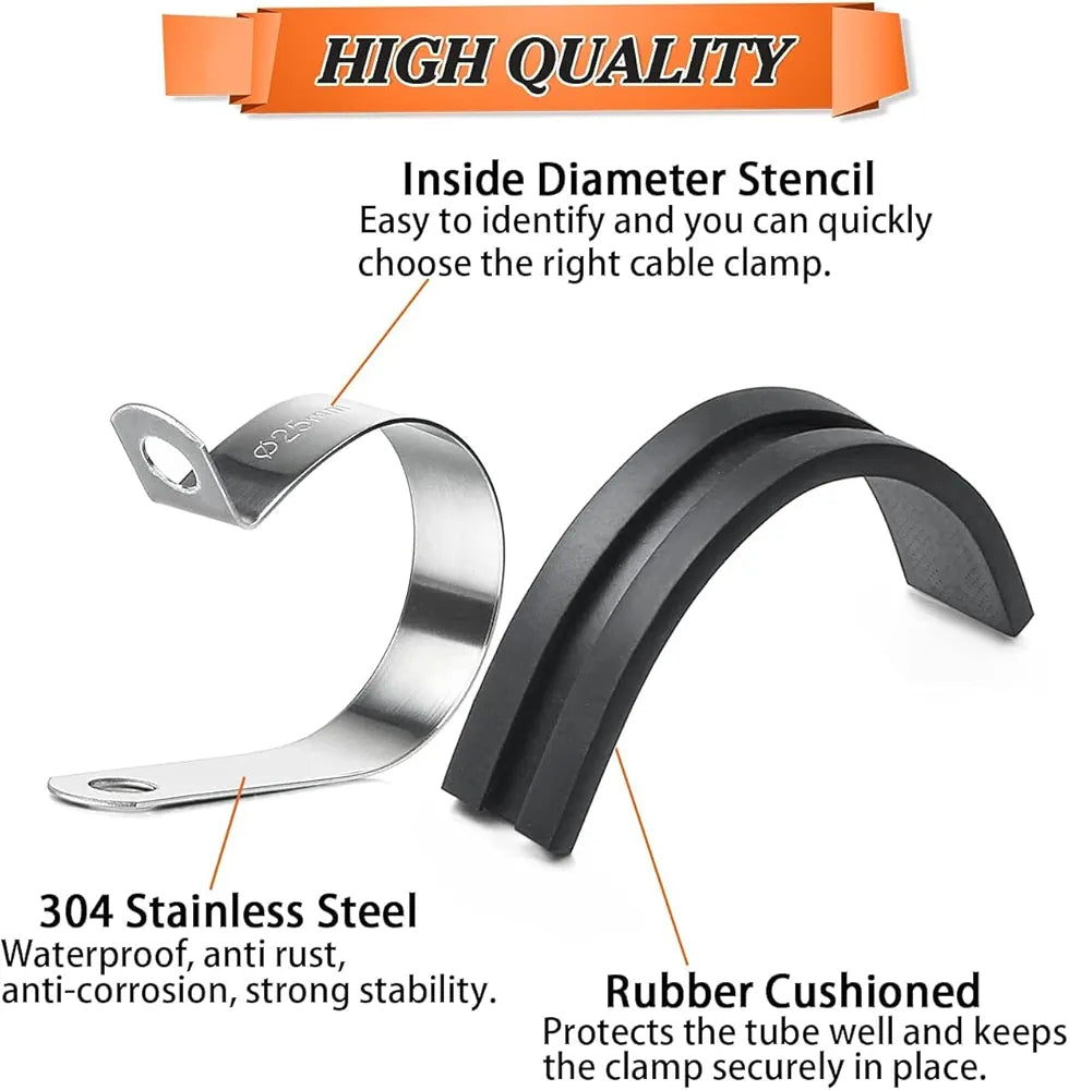 52Pcs Cable Clamp Classification Kit, 6 Specifications - 304 Stainless Steel Rubber Clamp, R-Type Rubber Insulation , 52-piece cable clamp classification kit with 6 sizes of stainless steel and rubber clamps, R-type insulated for protecting and securing cables. Durable, corrosion-resistant clamps suitable for marine, industrial, and electrical use. Quality assured by Rimal Marine.
