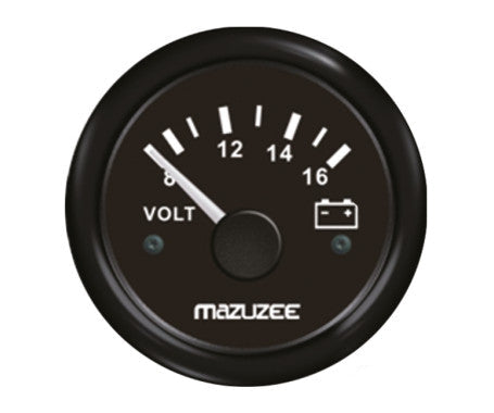 52mm universal analog volt meter gauge displaying 0–16 volts. Designed for 12V/24V systems in boats, cars, RVs, and motorcycles. Features a clear needle dial, black bezel, and durable waterproof construction for accurate voltage monitoring.

