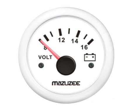 52mm universal analog volt meter gauge displaying 0–16 volts. Designed for 12V/24V systems in boats, cars, RVs, and motorcycles. Features a clear needle dial, black bezel, and durable waterproof construction for accurate voltage monitoring.