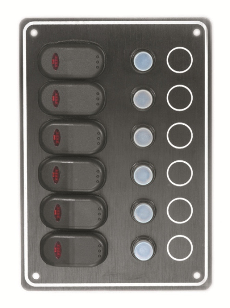 6-Gang Waterproof Switch Panel 10061-BKU – weather-resistant marine-grade control panel with 6 rocker switches for multiple circuits. Suitable for boats, caravans, and utility vehicles. High performance in wet conditions. Easy to mount. Available at Rimal Marine.