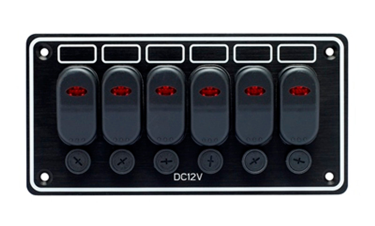 6-Gang Waterproof Switch Panel 10147-BK – marine-grade panel with six waterproof rocker switches for safe and reliable power control on boats, RVs, and other outdoor systems. Durable and easy to install. Available at Rimal Marine.