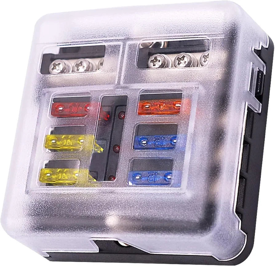6-way blade fuse block with waterproof cover, supports 12V/24V ATC/ATO fuses. Includes LED indicators to identify blown fuses instantly. Suitable for marine, RV, and automotive wiring setups. Built tough for demanding environments. Available from Rimal Marine.