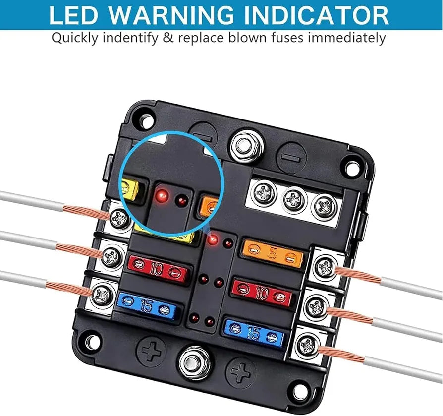 6-way blade fuse block with waterproof cover, supports 12V/24V ATC/ATO fuses. Includes LED indicators to identify blown fuses instantly. Suitable for marine, RV, and automotive wiring setups. Built tough for demanding environments. Available from Rimal Marine.