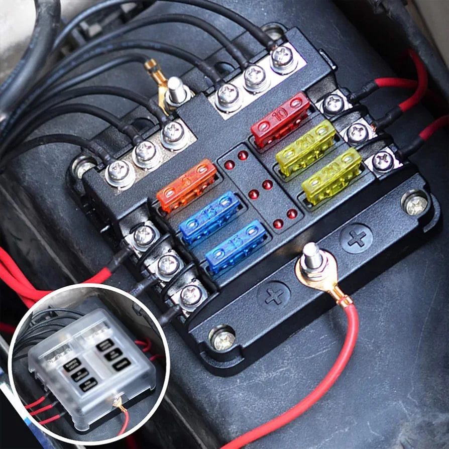 6-way blade fuse block with waterproof cover, supports 12V/24V ATC/ATO fuses. Includes LED indicators to identify blown fuses instantly. Suitable for marine, RV, and automotive wiring setups. Built tough for demanding environments. Available from Rimal Marine.
