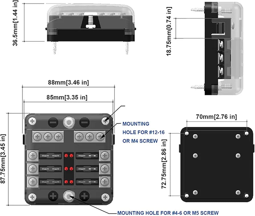 6-way blade fuse block with waterproof cover, supports 12V/24V ATC/ATO fuses. Includes LED indicators to identify blown fuses instantly. Suitable for marine, RV, and automotive wiring setups. Built tough for demanding environments. Available from Rimal Marine.